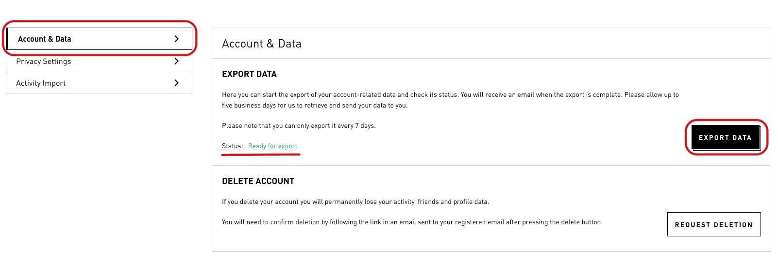 Konto-Seite von adidas Running: links „Account & Data“, rechts der Knopf „Export Data“ und der Status „Ready for export“