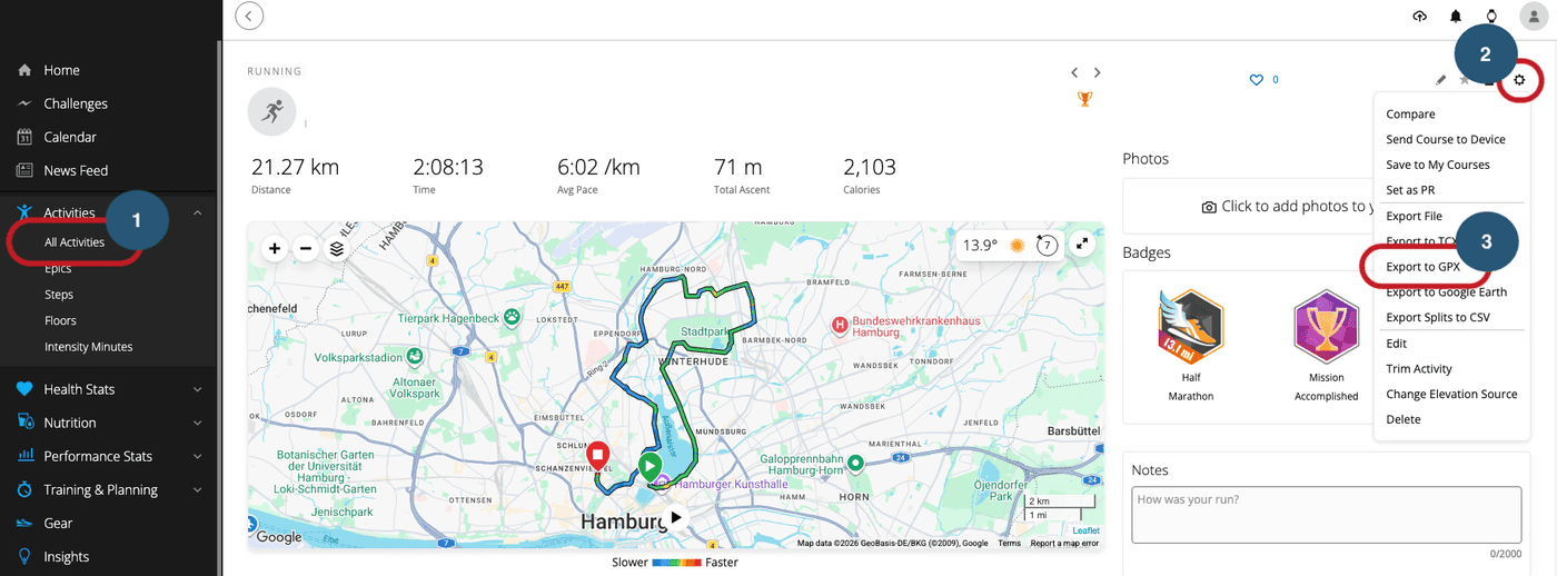 Aktivitätsseite in Garmin Connect: links „All Activities“, rechts oben das Zahnrad, geöffnet, mit dem Eintrag „Export to GPX“