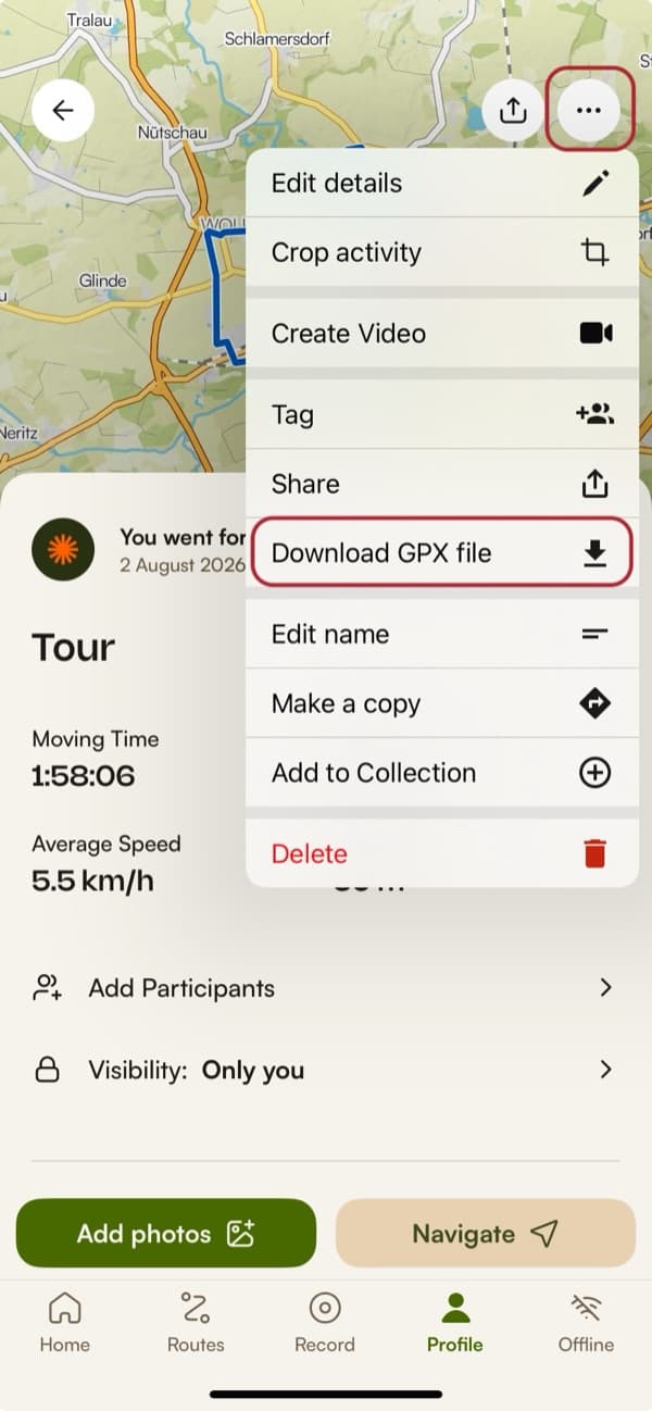 Tour in der Komoot-App: oben rechts die drei Punkte, geöffnet, mit dem Eintrag „GPX-Datei herunterladen“