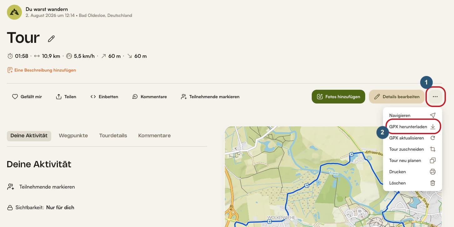 Komoot-Tourenseite im Browser: rechts die drei Punkte, geöffnet, mit dem Eintrag „GPX herunterladen“