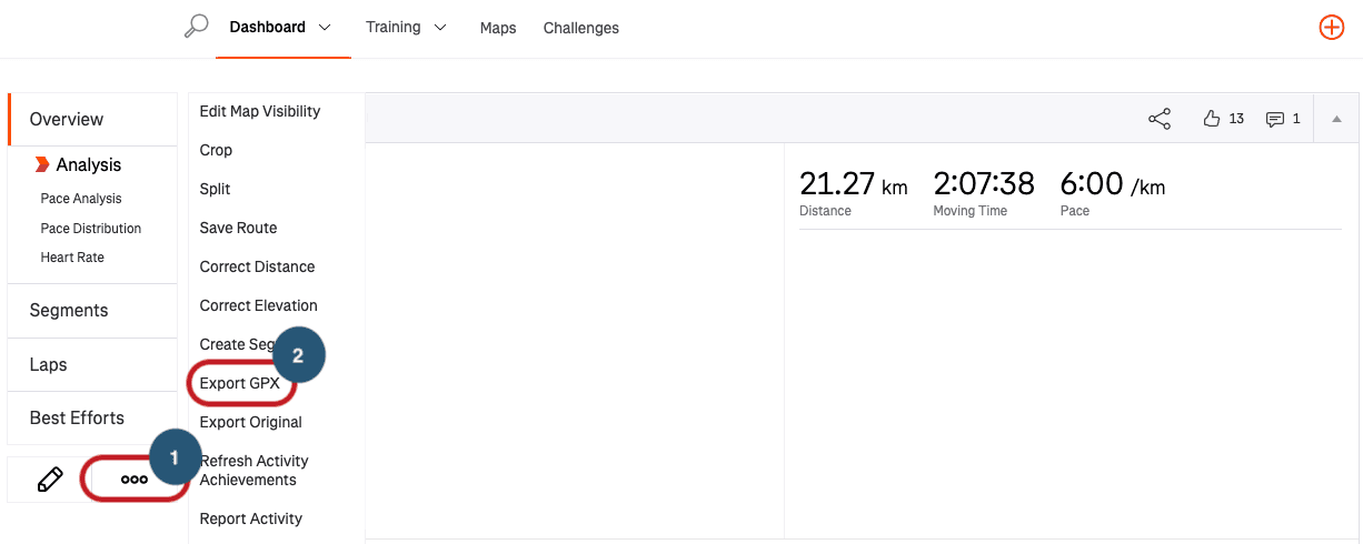 Die drei Punkte links auf der Strava-Aktivitätsseite, geöffnet, mit dem Eintrag „Export GPX“