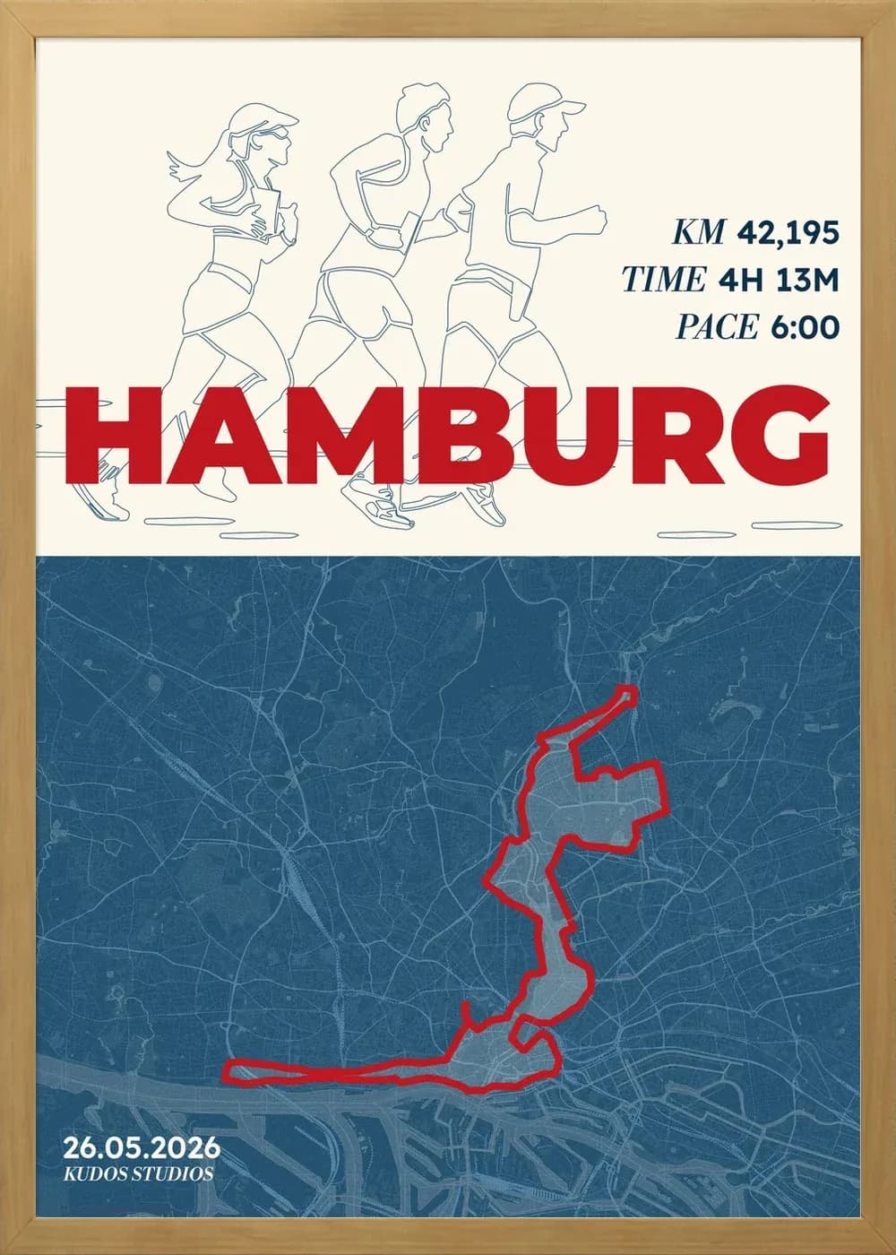 Poster einer Laufstrecke mit Sportart-Symbolen, Stadtname und Zeiten